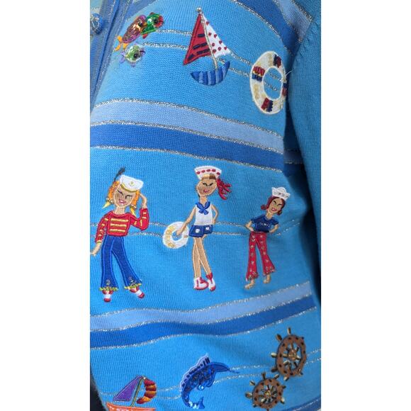 Jack B Quick blue striped nautical pattern cardigan sweater womens size medium - Picture 4 of 11